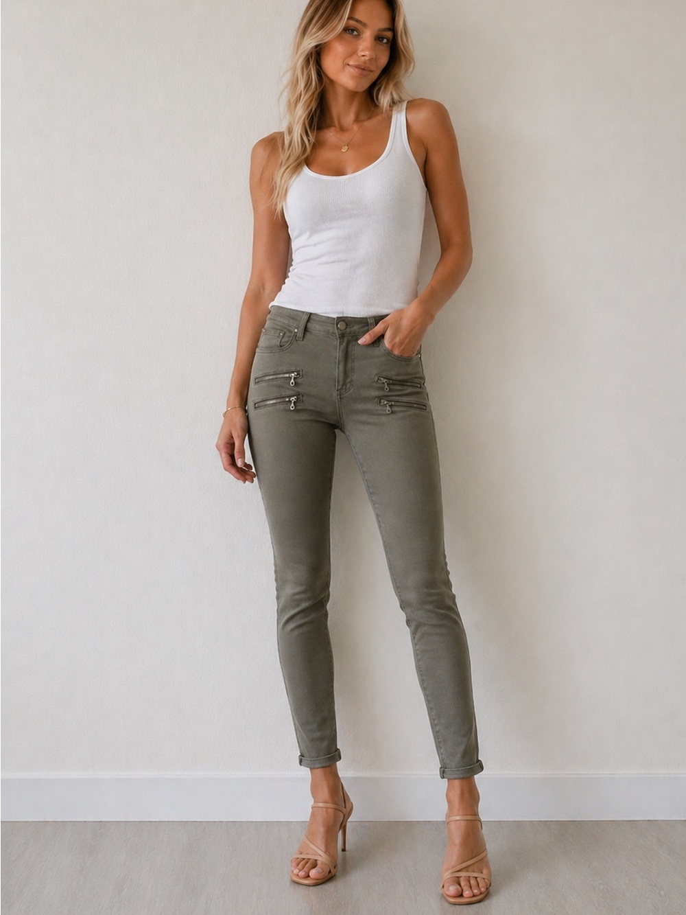 PAIGE Verdugo Moto Skinny Jeans Women’s 26 Olive Green Zip Detail Mid Rise - Picture 3 of 12